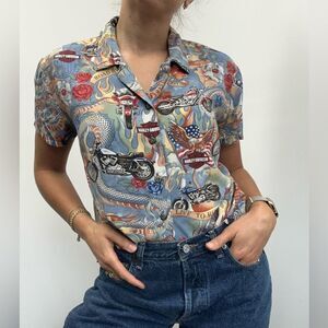 Vintage Y2K Harley Davidson Collared Printed Short sleeve Button Front Shirt L